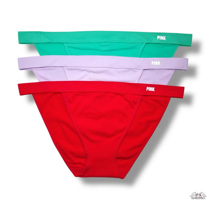 PINK 3-pack logo high-leg bikini kalhotky v červené, tyrkysové a levandulové barvě