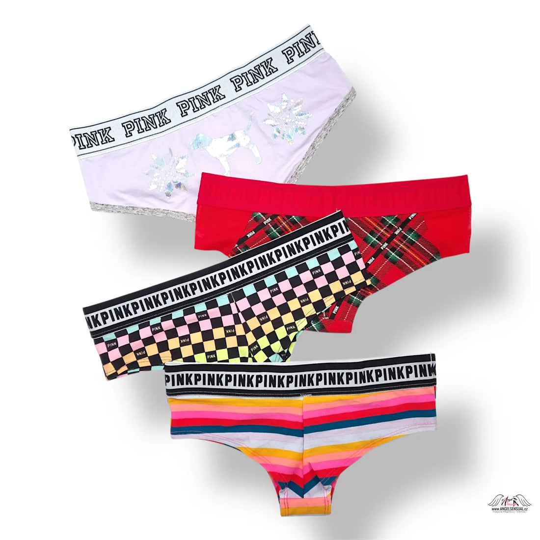 PINK 4-balíček XS bavlněné kalhotky s duhovými pruhy a logem