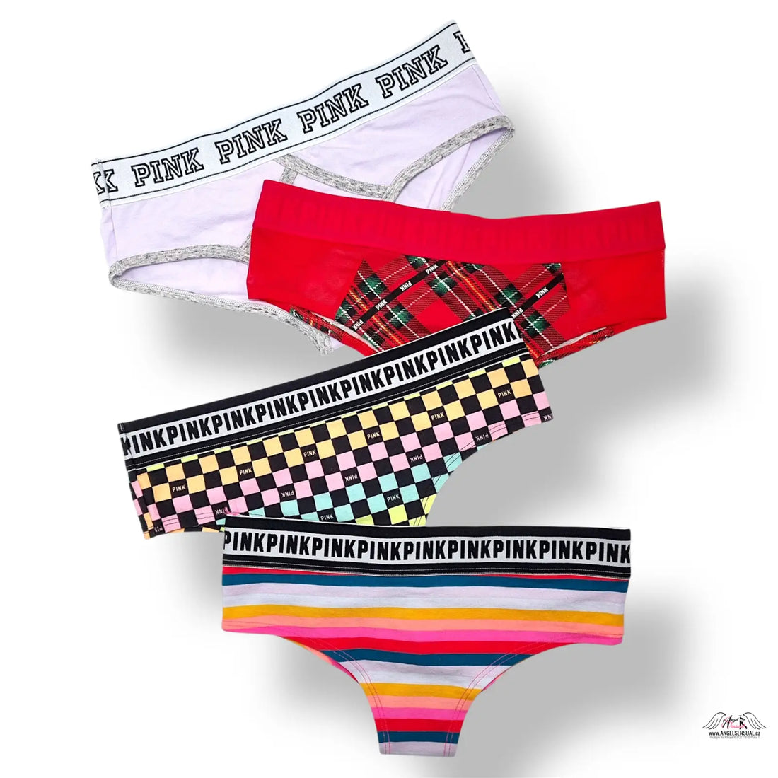 PINK 4-pack XS bavlněné kalhotky s pruhovaným a kostkovým vzorem