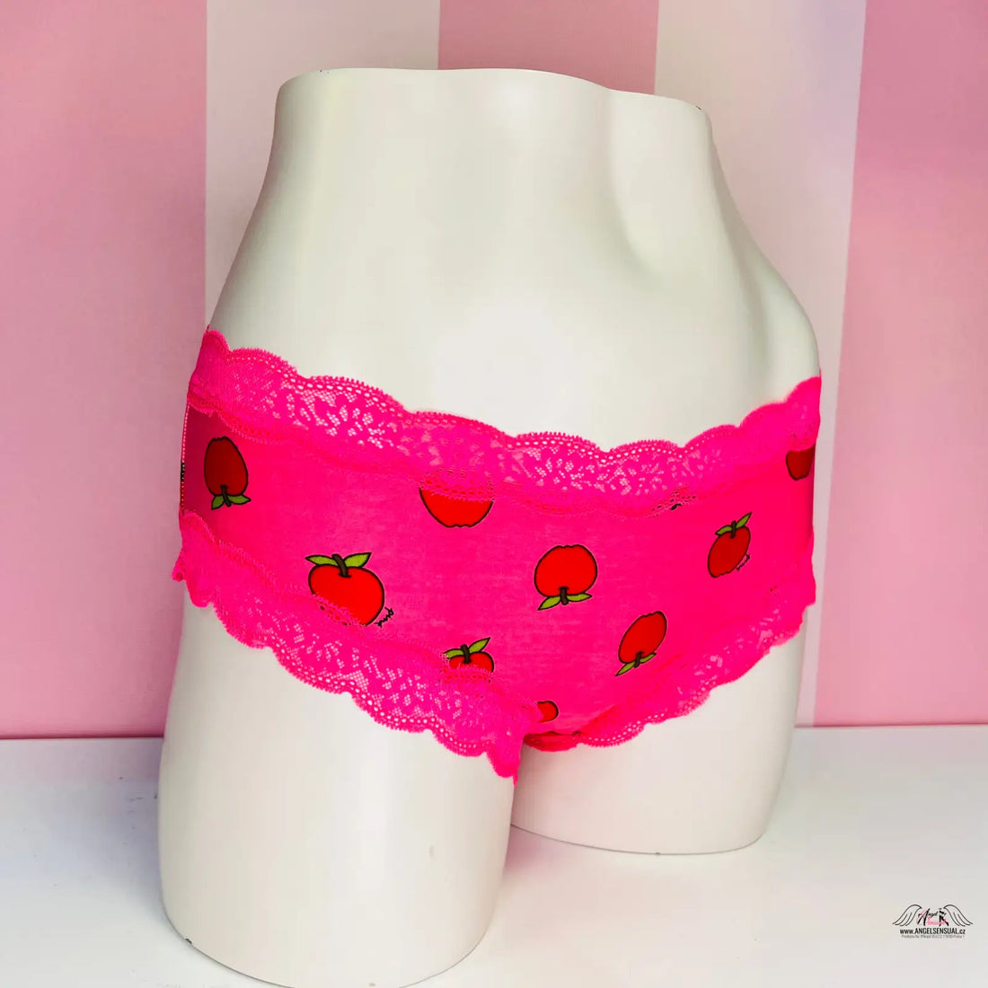 Pink lace kalhotky s jablíčkovým potiskem, bavlněné kalhotky lemované jemnou krajkou