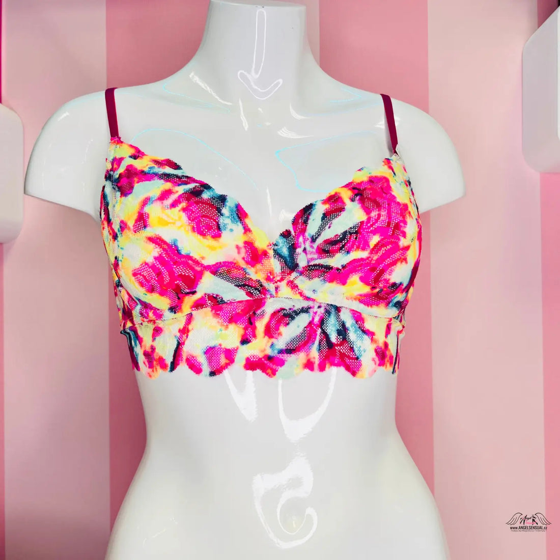 Krajkový bralette Pink s květinovým potiskem a červeným páskem, objevte tajemství pink