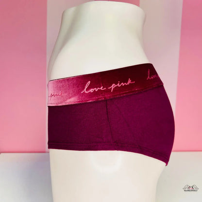 Burgundské bavlněné kalhotky PINK Hipster s růžovou semišovou gumou a nápisem Love pink