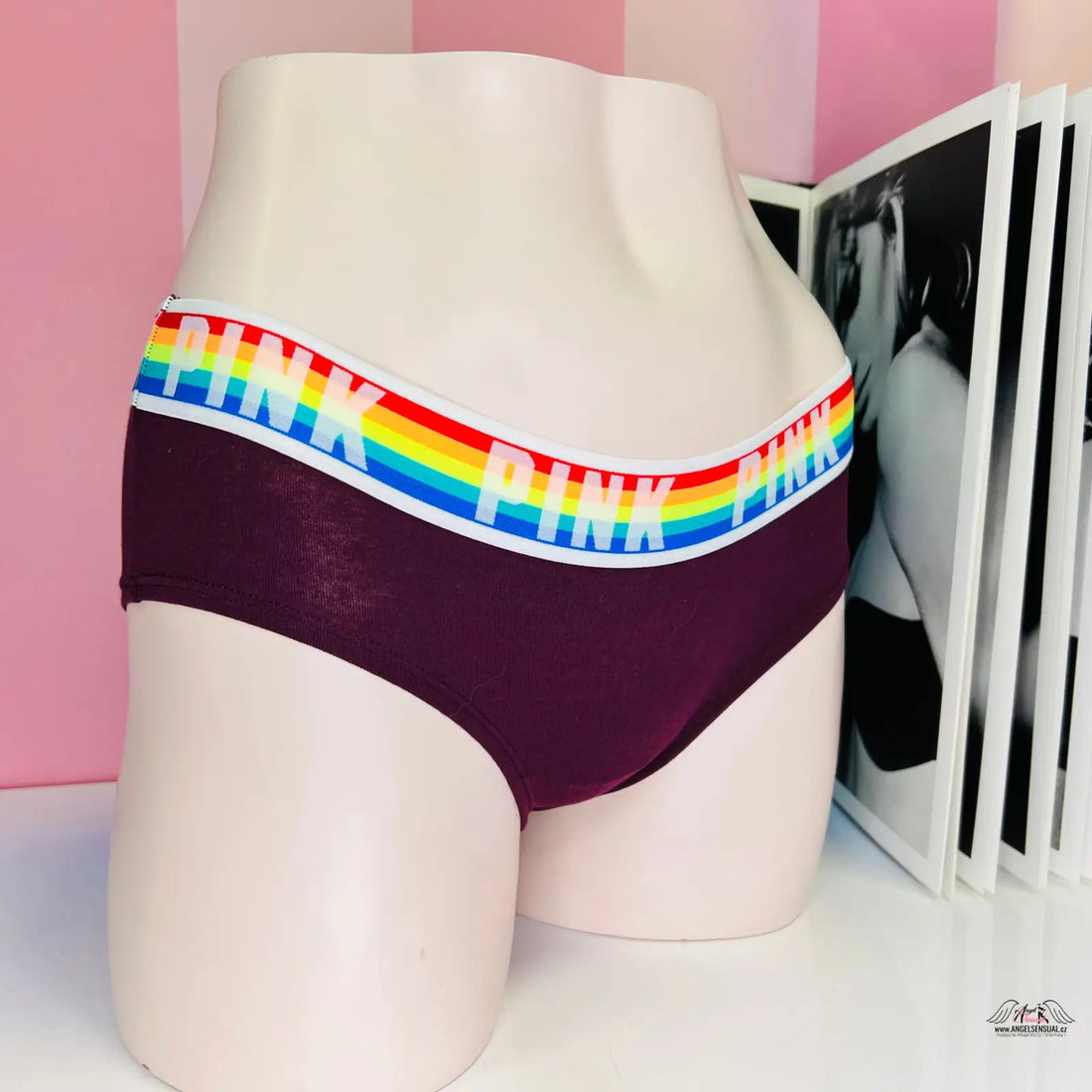 Fialové gumou hipster kalhotky s duhovým páskem na manekýnu, lingerie, apparel & accessories