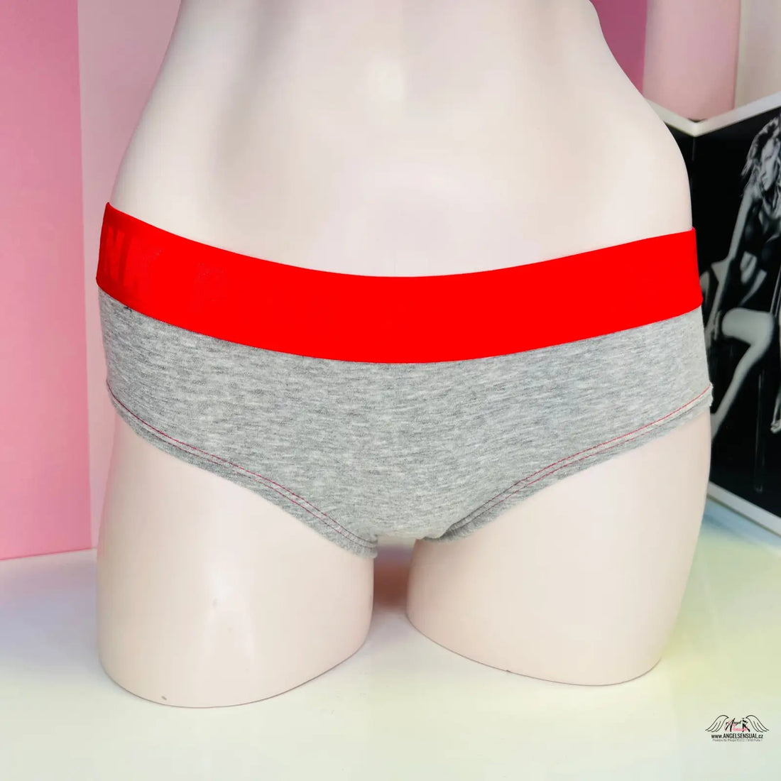 Bavlněné hipster kalhotky s šedým materiálem a červenou širokou gumou