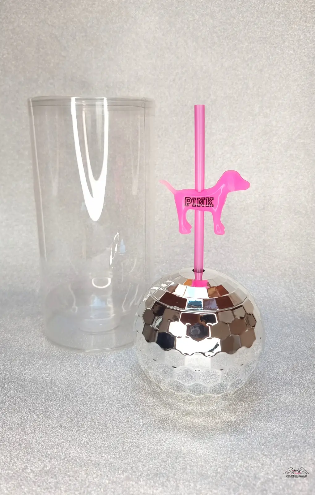 Disco koule tvaru diskokoule 591ml s růžovou psí brčkou na PINK Láhev na Pití