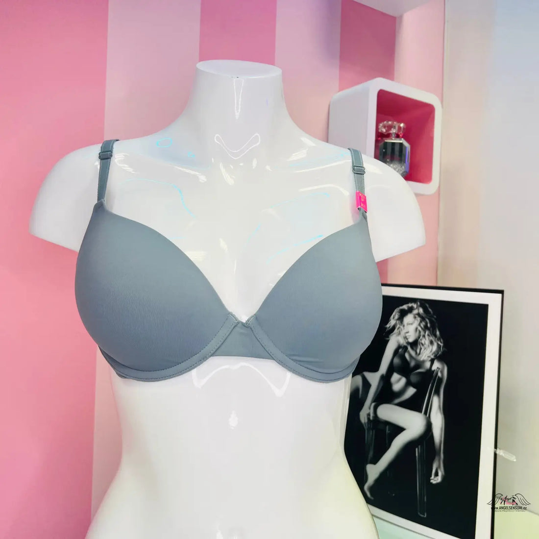 Gray push-up podprsenka PINK s nastavitelnými ramínky na modelu, luxusní push-up