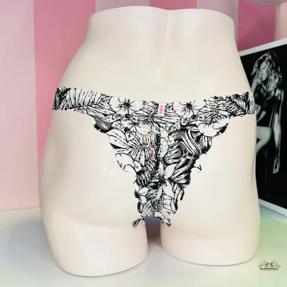 Floral print thong vyšším pasem s krajkovým tanga a logem Pink