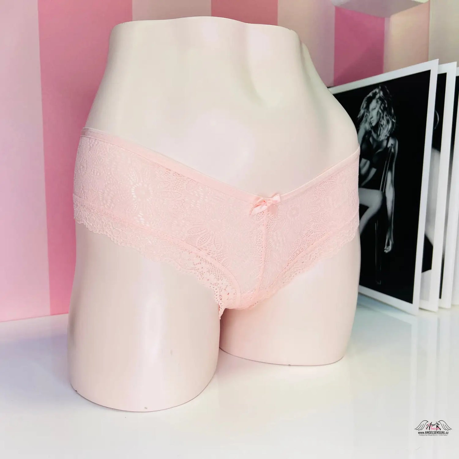 Pale pink mannequin torso with Agent Provocateur romantic lace shorts displayed