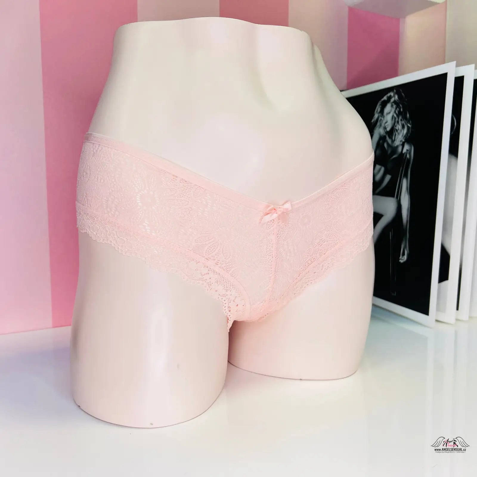 Pale pink mannequin torso with Agent Provocateur romantic lace shorts displayed