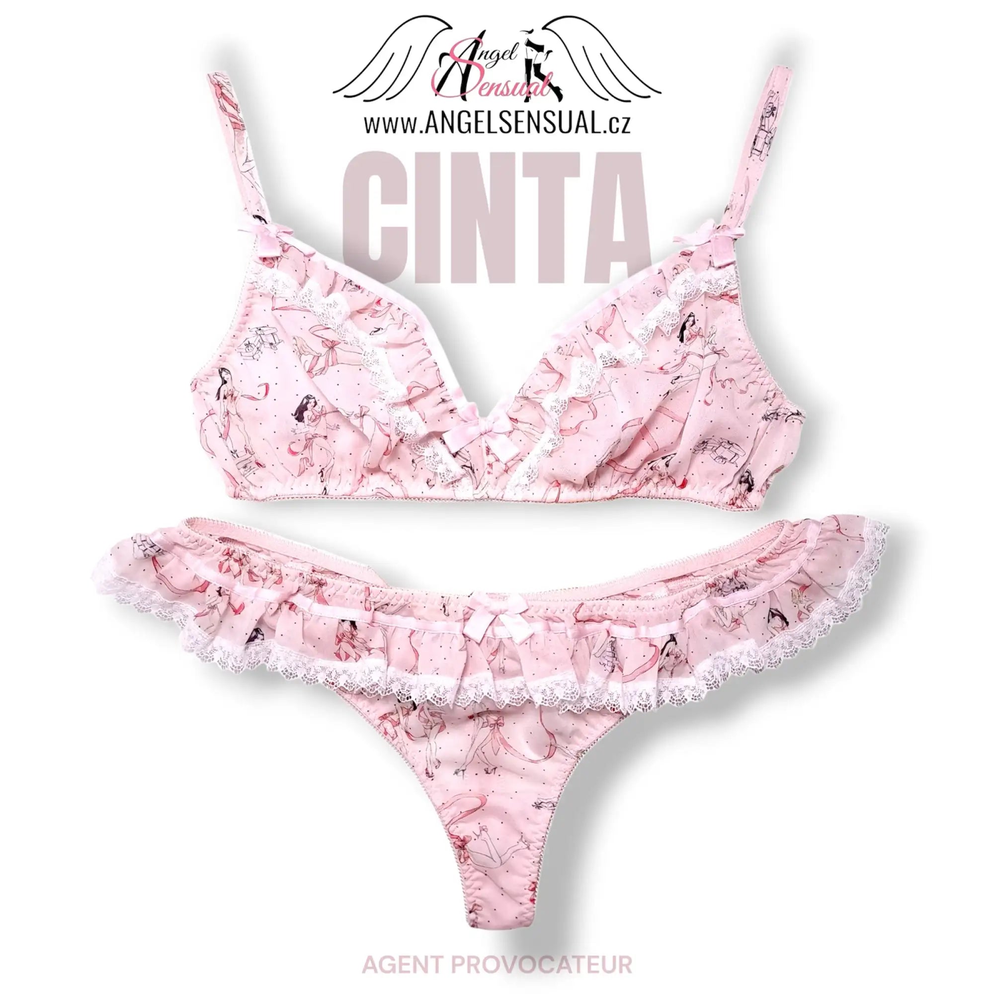 Růžový komplet spodního prádla s jemným květinovým a postavovým potiskem, krajovým lemováním a rypacími okraji.