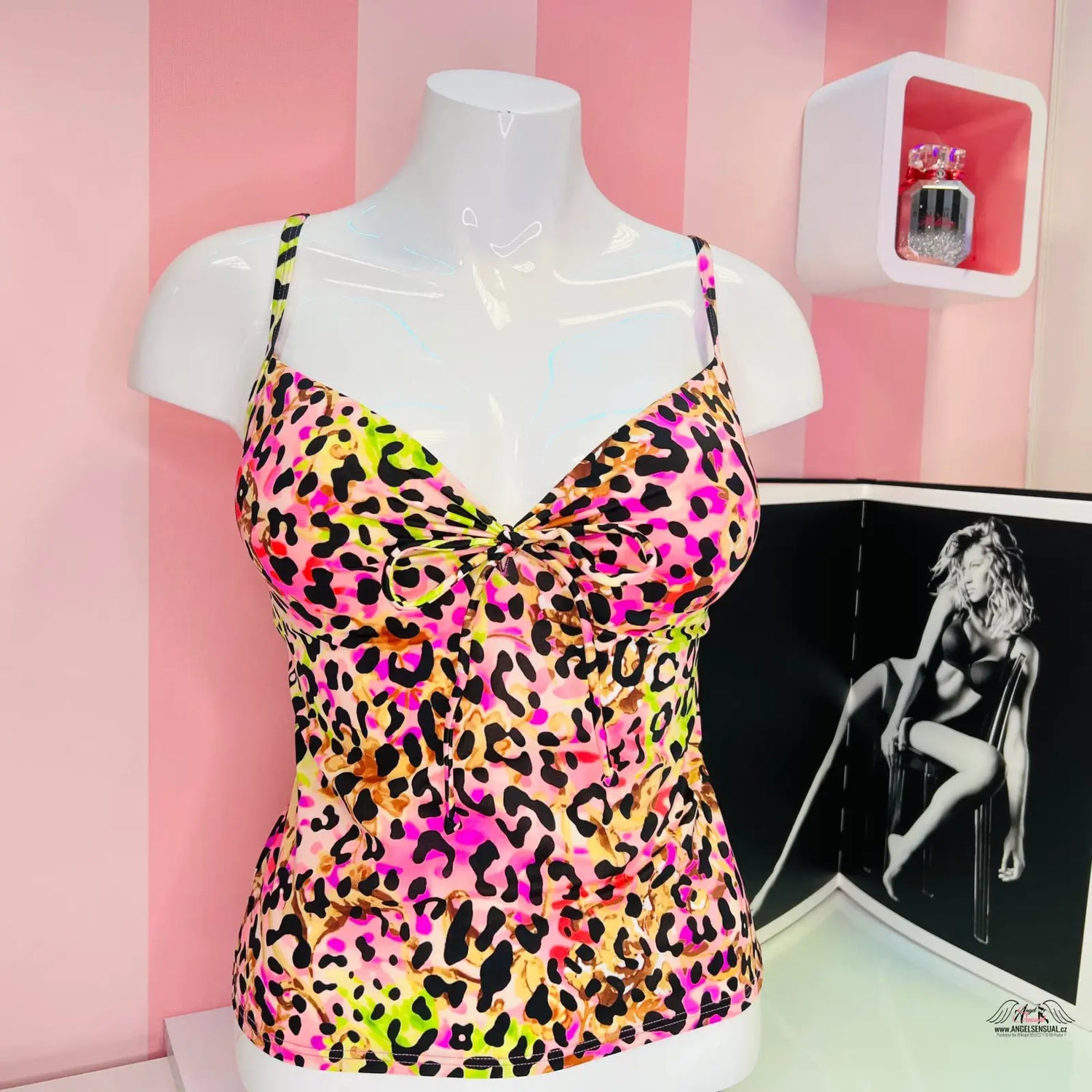 Barevný tankini top s leopardím potiskem a špagetovými ramínky