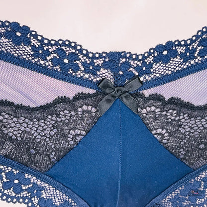 Lacy navy blue and black lingerie with bow accent from Smyslné Elegance