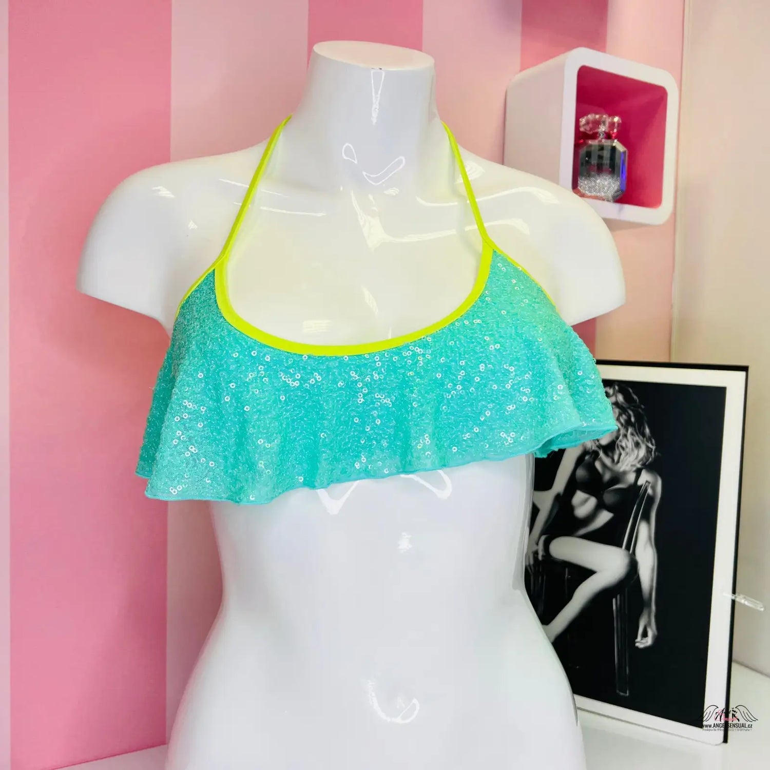 Turquoise halter top with sequins from Stylové Plavky s Volánky a Flitry collection