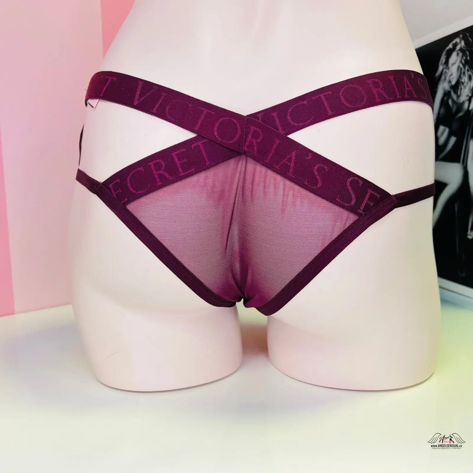 Burgundy síťované a elastické kalhotky s křížovým šněrováním Victoria’s Secret