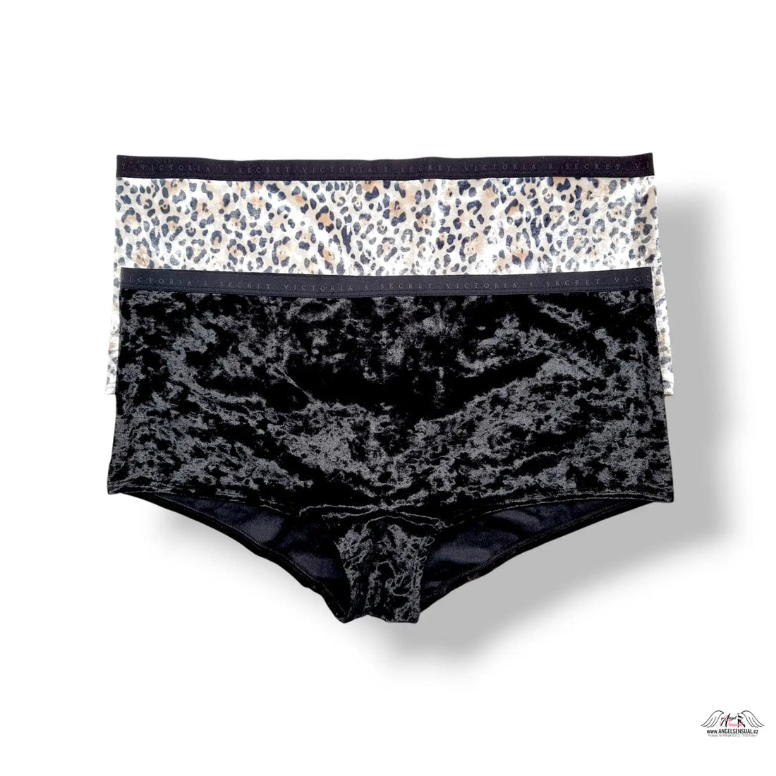 Černé sametové kalhotky Victoria’s Secret XL s leopardím lemováním a logem