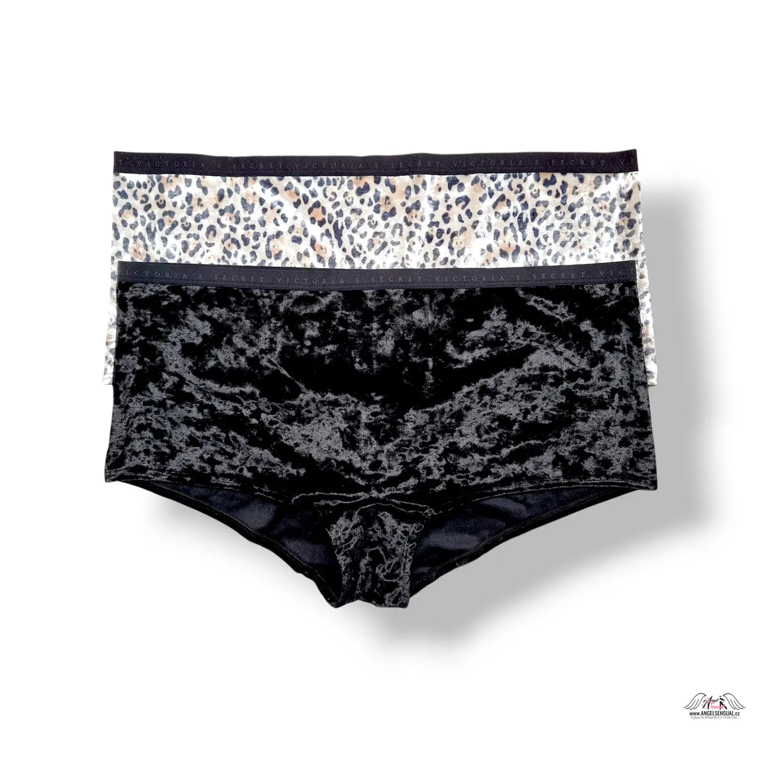 Černé sametové kalhotky Victoria’s Secret XL s leopardím lemováním a logem