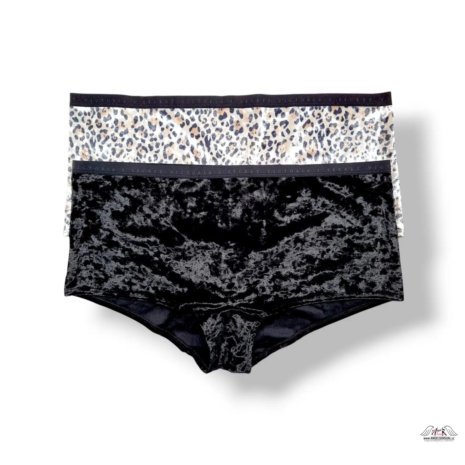 Černé sametové kalhotky Victoria’s Secret XL s leopardím lemováním a logem