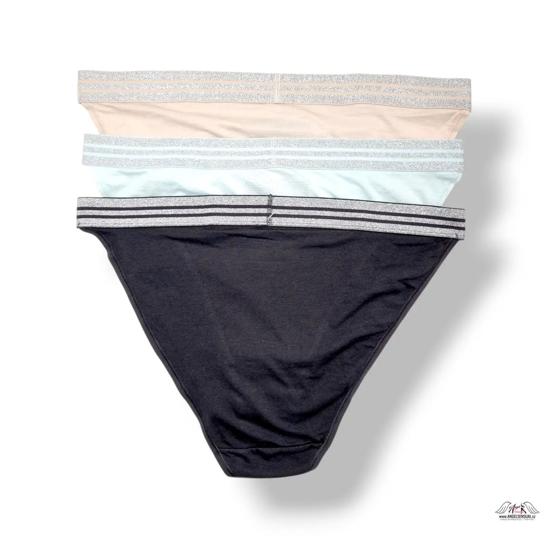 3 balení pánských bavlněných boxerů Victoria’s Secret XL v černé, bílé a šedé s stříbrnými pruhy