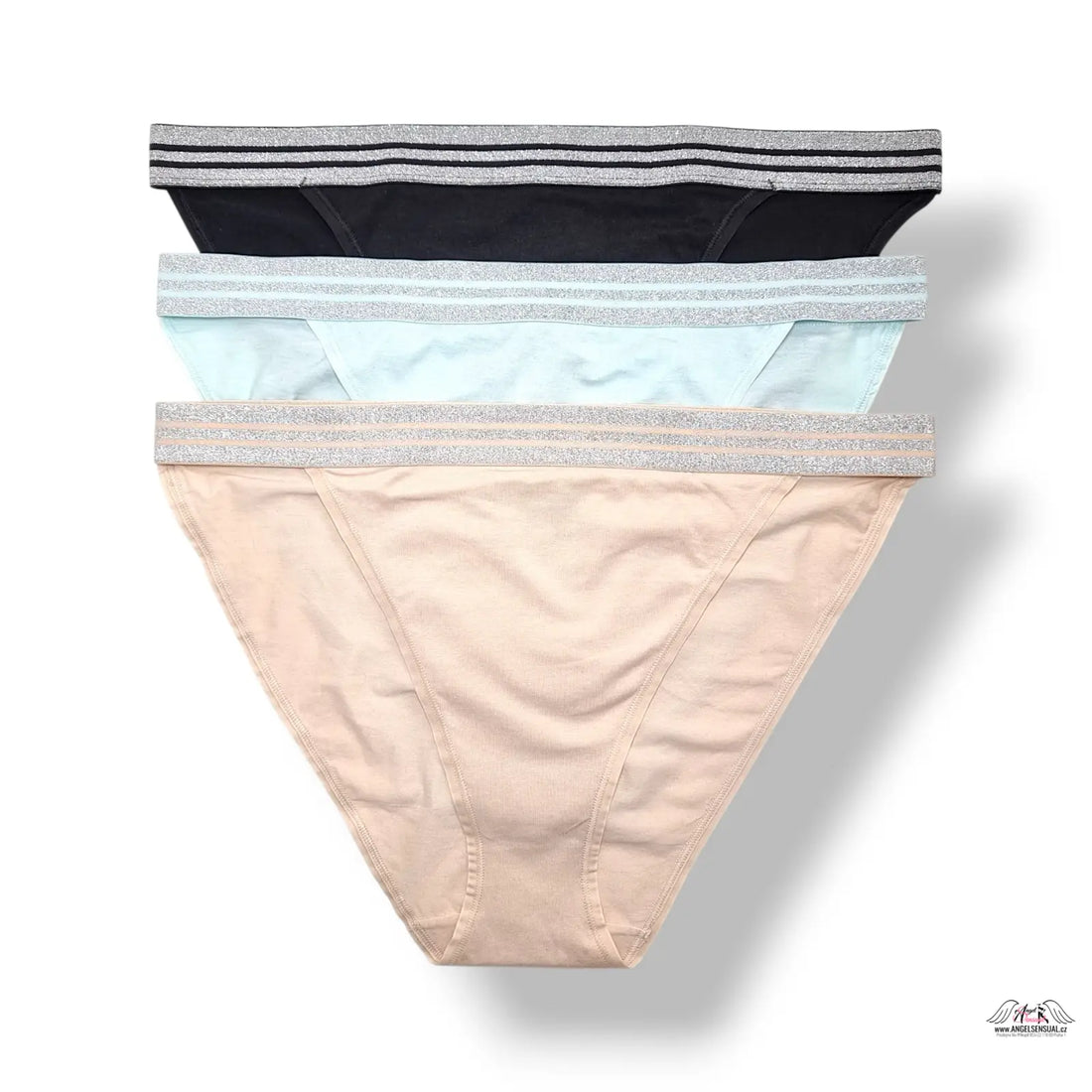 4balení dámského spodního prádla Victoria’s Secret XL bavlněné bikini kalhotky v černé, světle modré, béžové a růžové barvě se