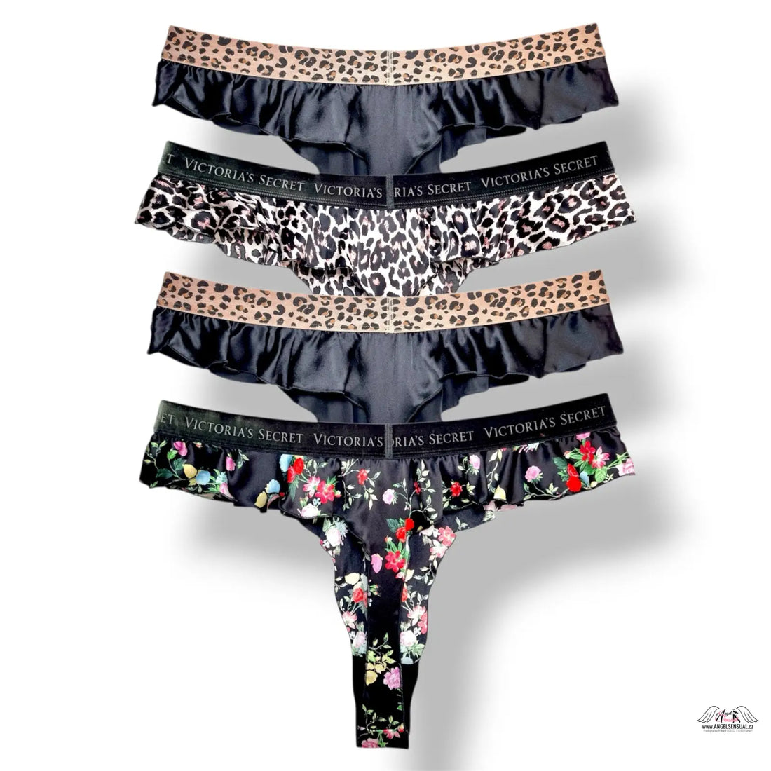 Victoria’s Secret květinové a leopardí kalhotky s volánkovým lemováním, XL, 4-balíček tanga