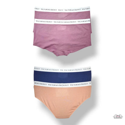 Victoria’s Secret 4-balíček XL logo bavlněné kalhotky v růžové, modré a broskvové barvě s bílými pasy