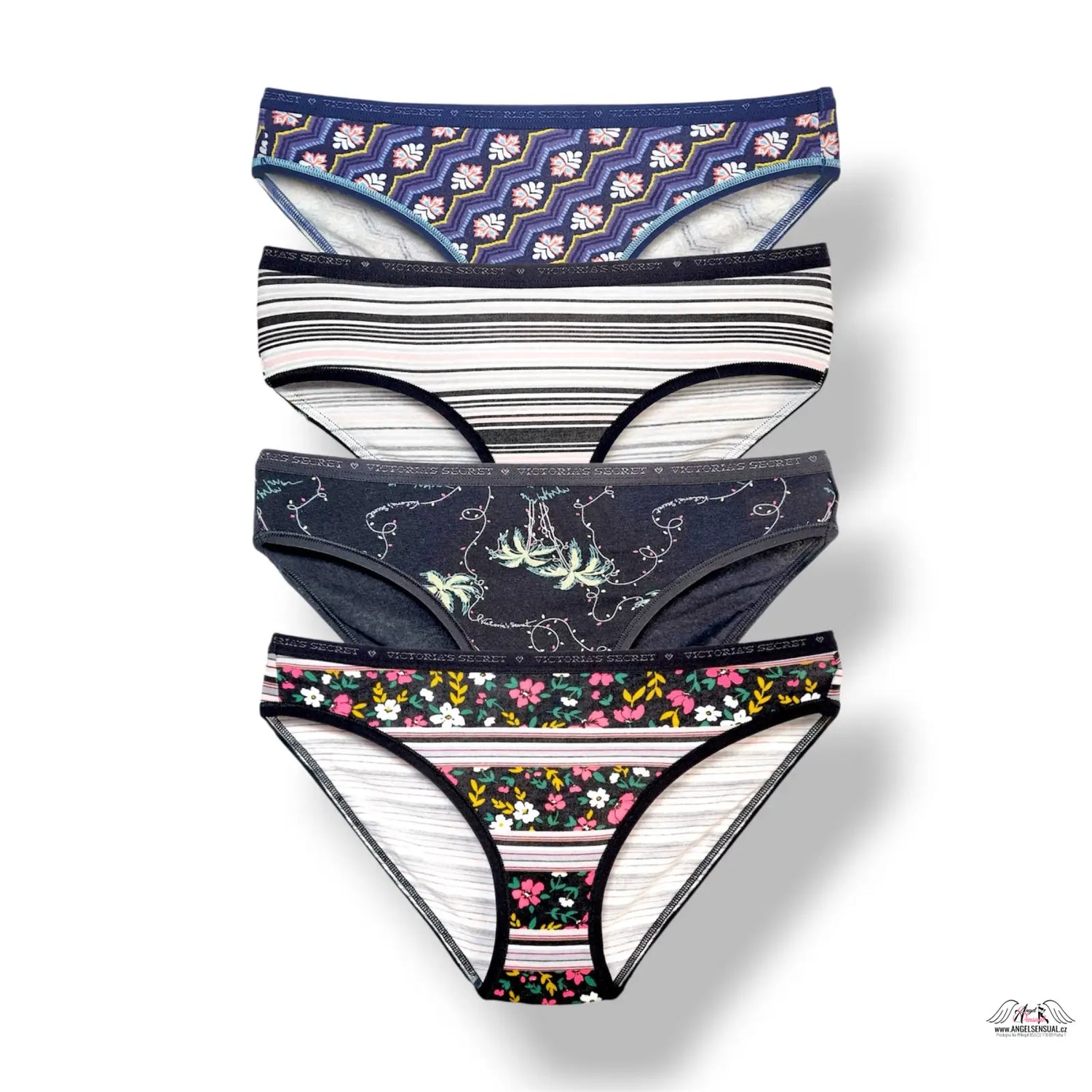 Victoria’s Secret 4-pack XS bavlněné hiphugger kalhotky s květinovými a geometrickými vzory v modré, bílé, černé, šedé, rů