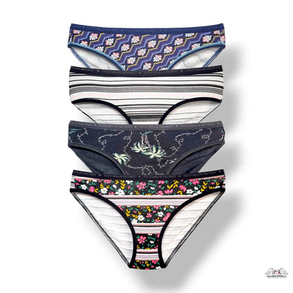 Victoria’s Secret 4-pack XS bavlněné hiphugger kalhotky s květinovými a geometrickými vzory v modré, bílé, černé, šedé, rů