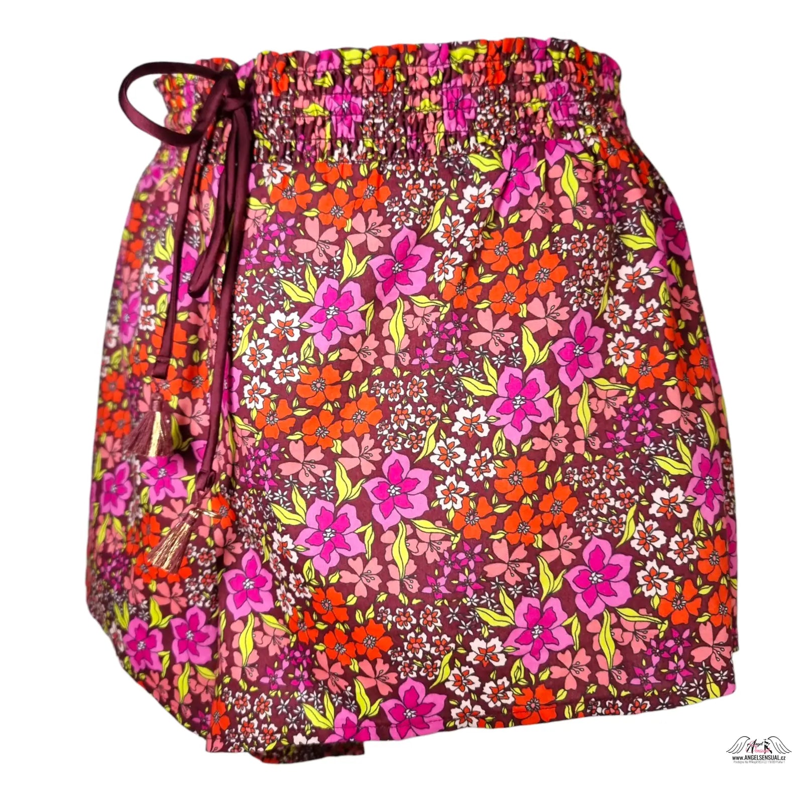 Maroon floral print vzdušné šortky Victoria’s Secret Bavlněné Kraťasy s třásněmi a stahováním