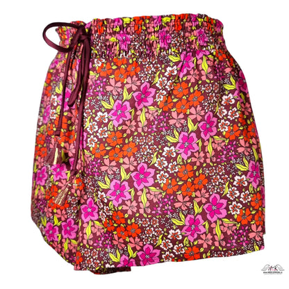 Maroon floral print vzdušné šortky Victoria’s Secret Bavlněné Kraťasy s třásněmi a stahováním