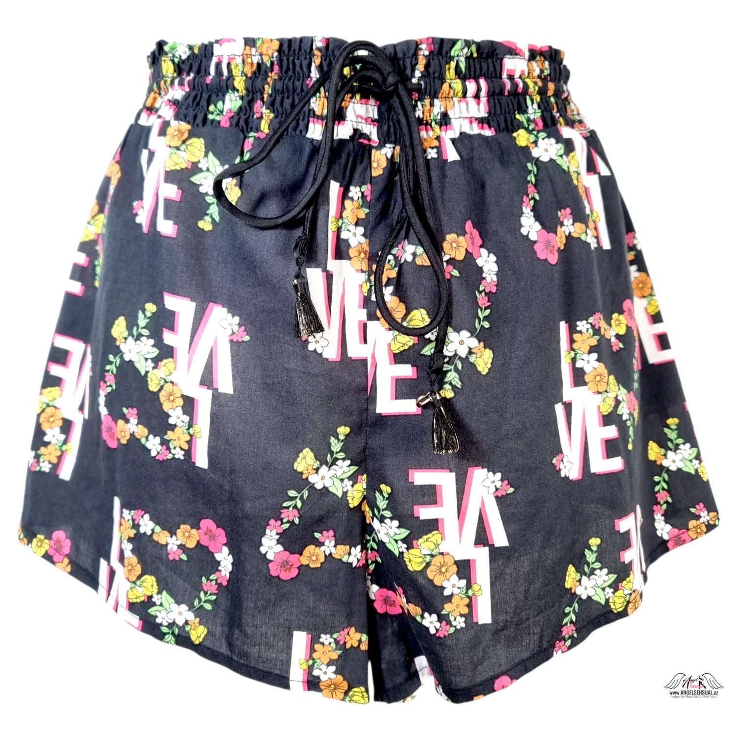 Černé květinové plavkové šortky Victoria’s Secret s mašličkou a volánky