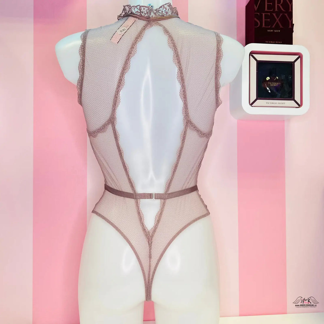 Luxusní krajkové body s vysokým límcem a tenkými straps v bledě růžové barvě