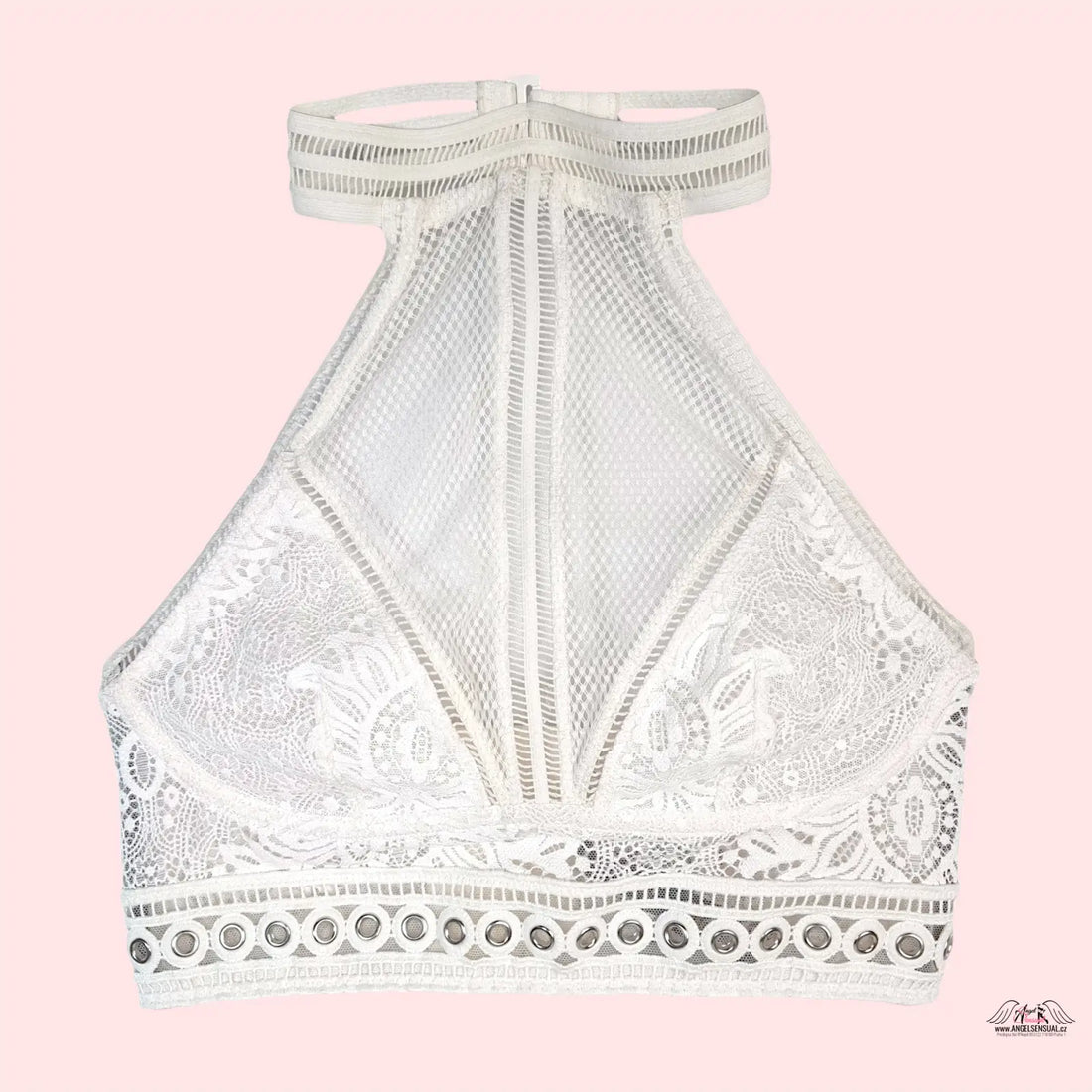 Luxusní krajkovou braletkou Victoria’s Secret s květinovými vzory a kovovými ozdobami