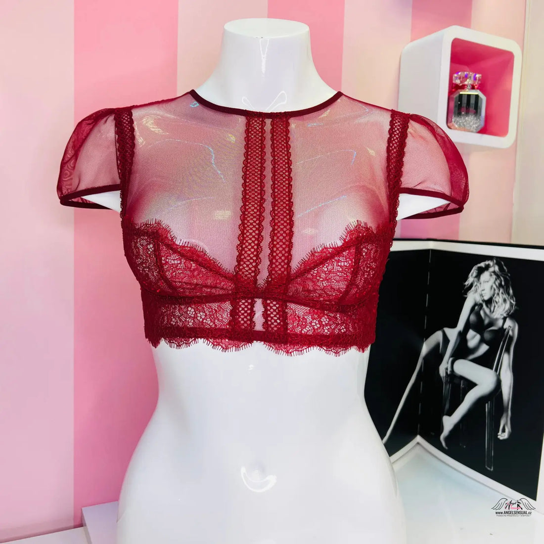 Sexy síťovaný top Victoria’s Secret Braletka Krajková se Zipem na bílém manekýnu