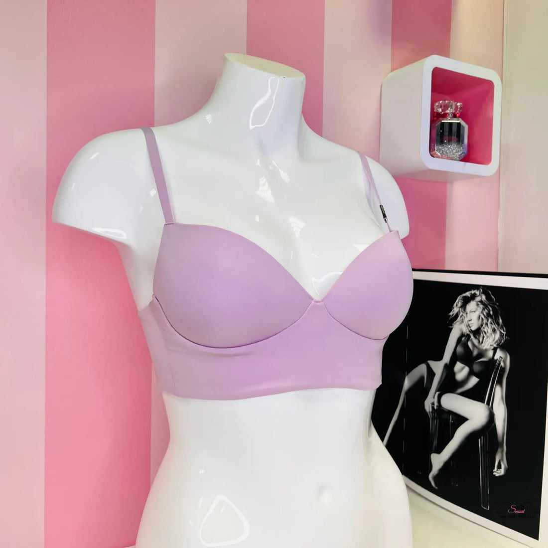 Pale purple demi bralette displayed on a white mannequin torso, perfect for lingerie and apparel &amp; accessories