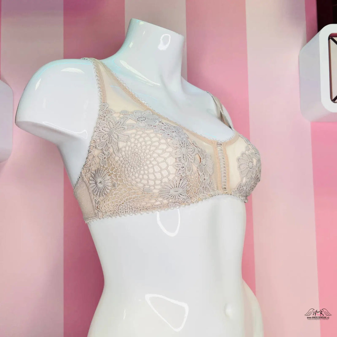 Lacy beige síťovaná braletka s bílými krajkovými detaily na bílém modelu