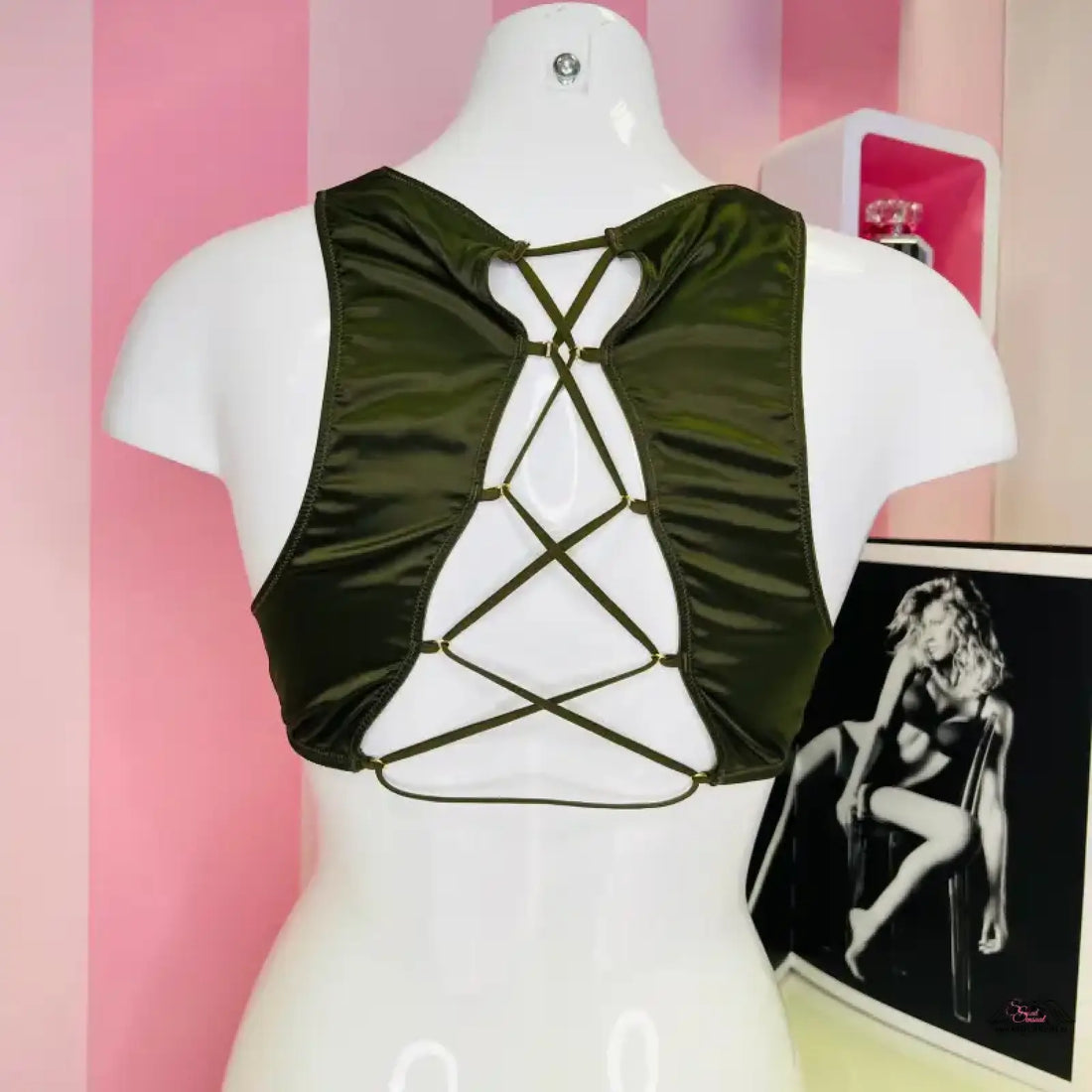 Olive green lace-up crop top from Victoria’s Secret lingerie collection
