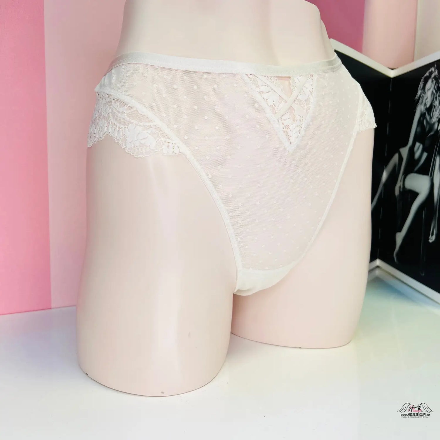 Creamové krajkové brazilky s vysokým pasem, elegantní síťované brazilky Victoria’s Secret
