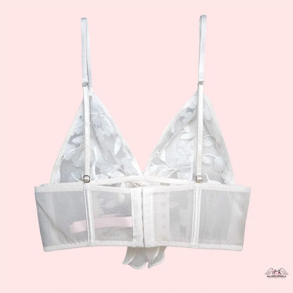 Luxusní braletka Victoria’s Secret Dream Angels s bílým krajkovým trojúhelníkovým designem, průhlednými síťovými panely a nastavitelnými popruhy