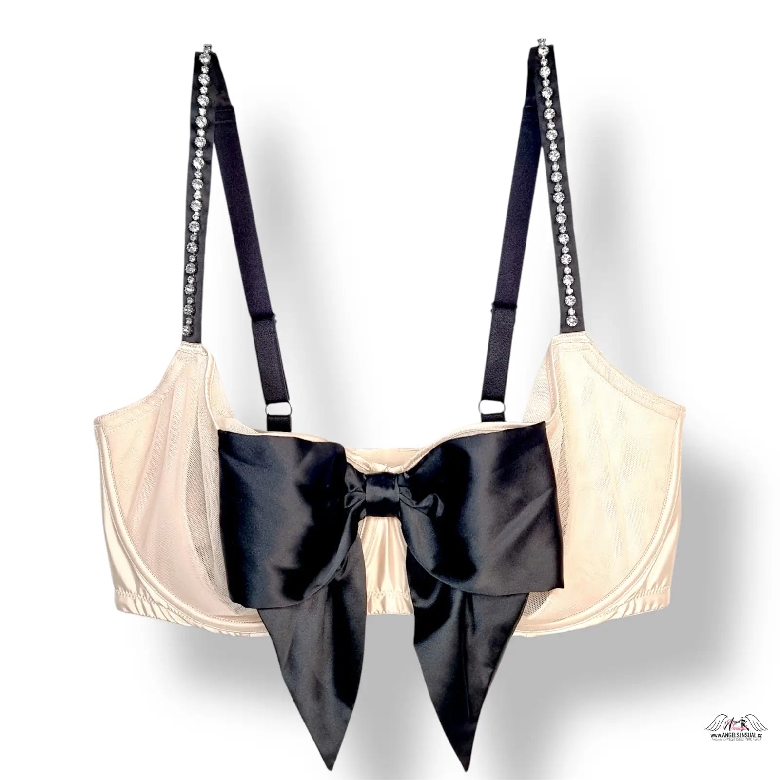 Krémová podprsenka s výraznou mašlí a rhinestone ramínky