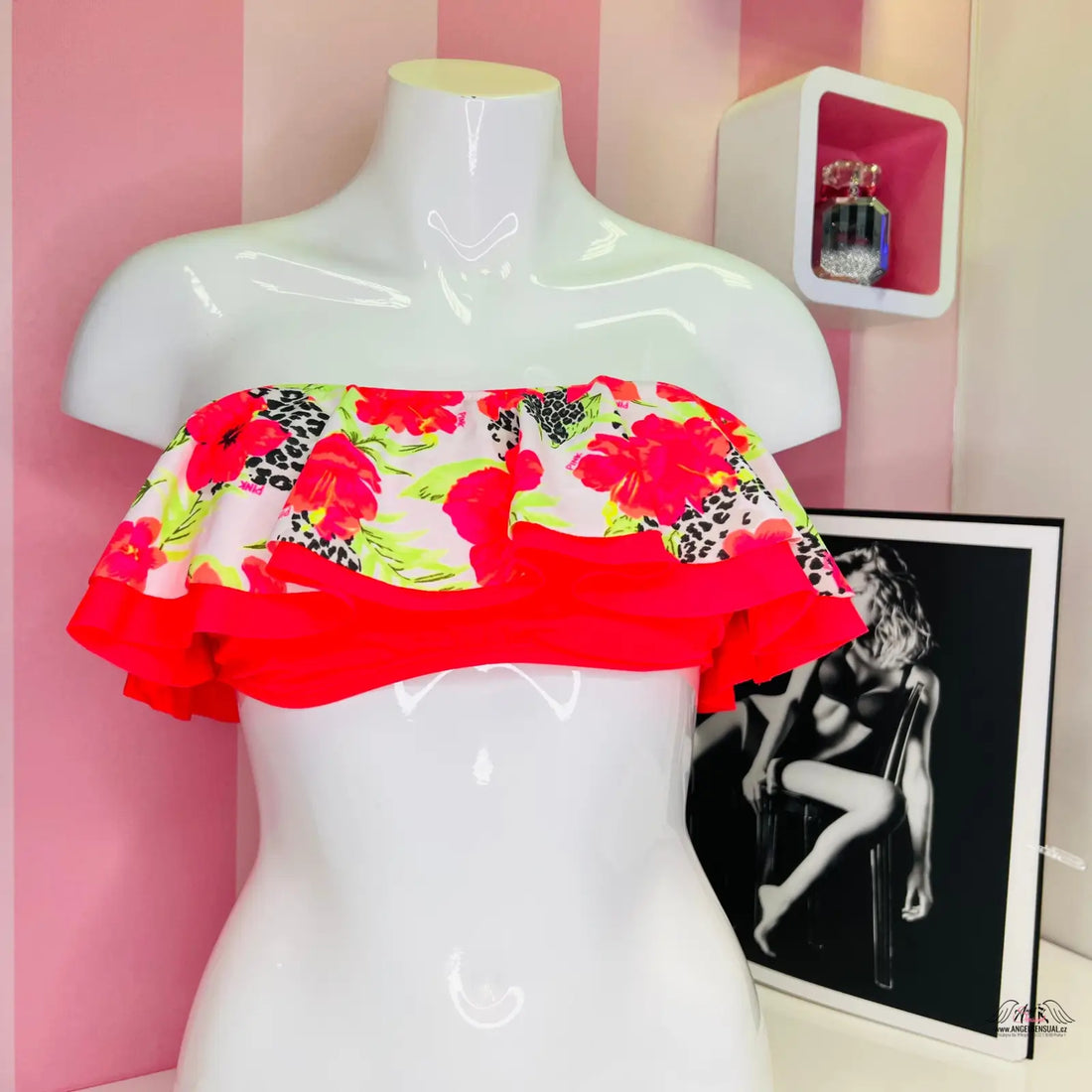 Pestrobarevný horní díl plavek s květinovým a neonovým strapless design