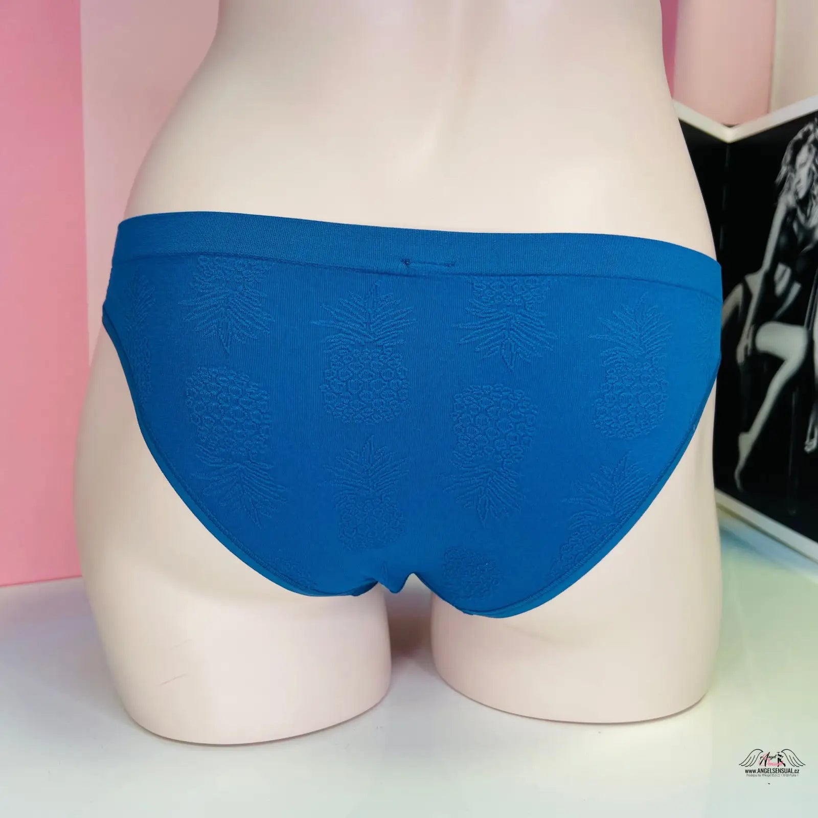 Modré elastické kalhotky Victoria’s Secret s vzory ananasů a designem Cheekini