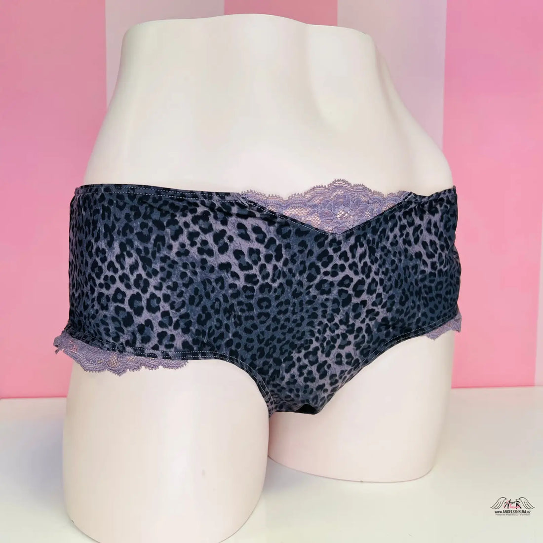 Navy modré gepardí cheeky kalhotky Victoria’s Secret s fialovým krajkovým lemem, apparel & accessories