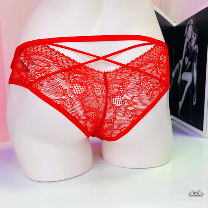 Stylové krajkové kalhotky Victoria’s Secret s červeným krajkovým páskem a stuhou