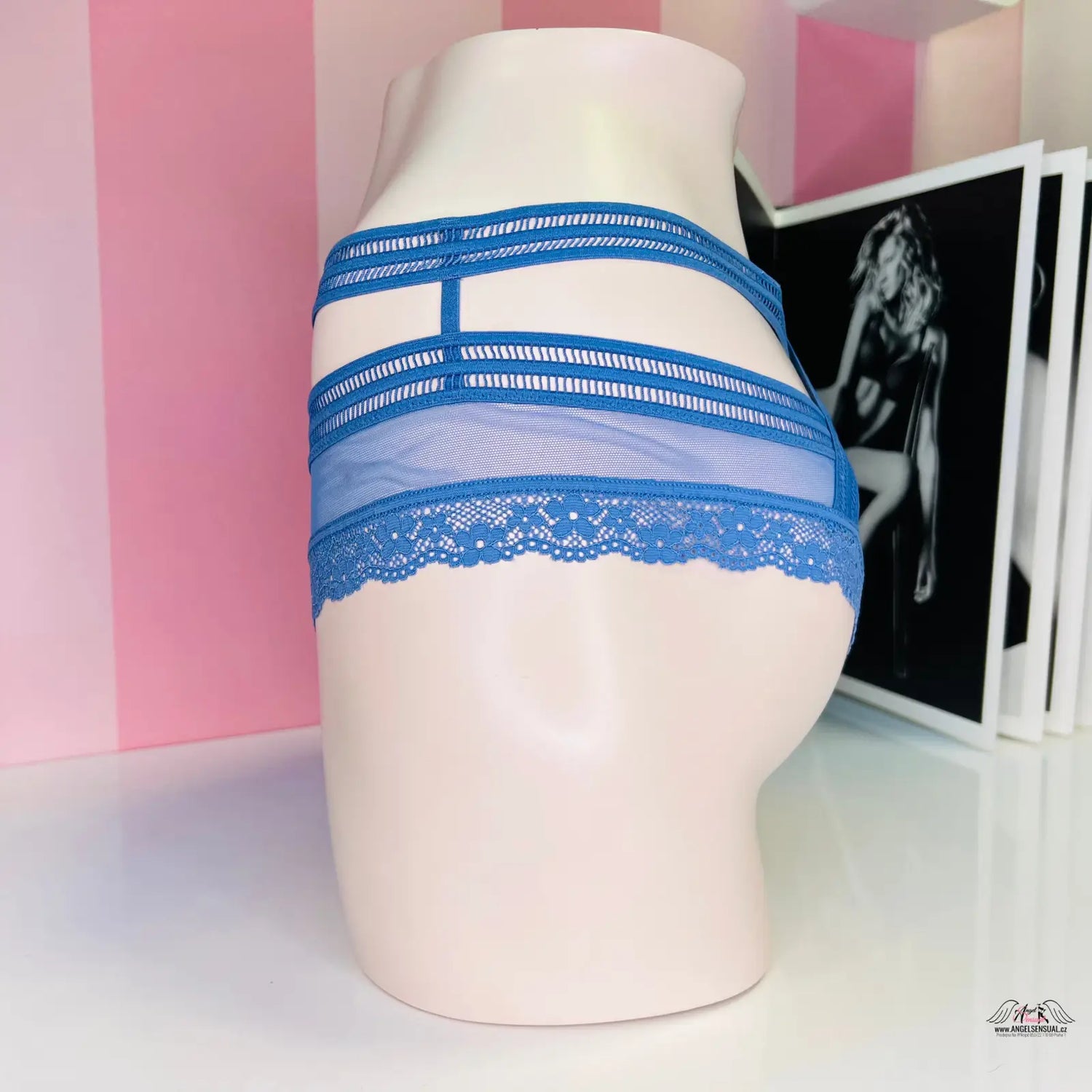Blue a bílá pruhovaná dámská kalhotky Victoria’s Secret Kalhotky Krajkové s ozdobnými pásky