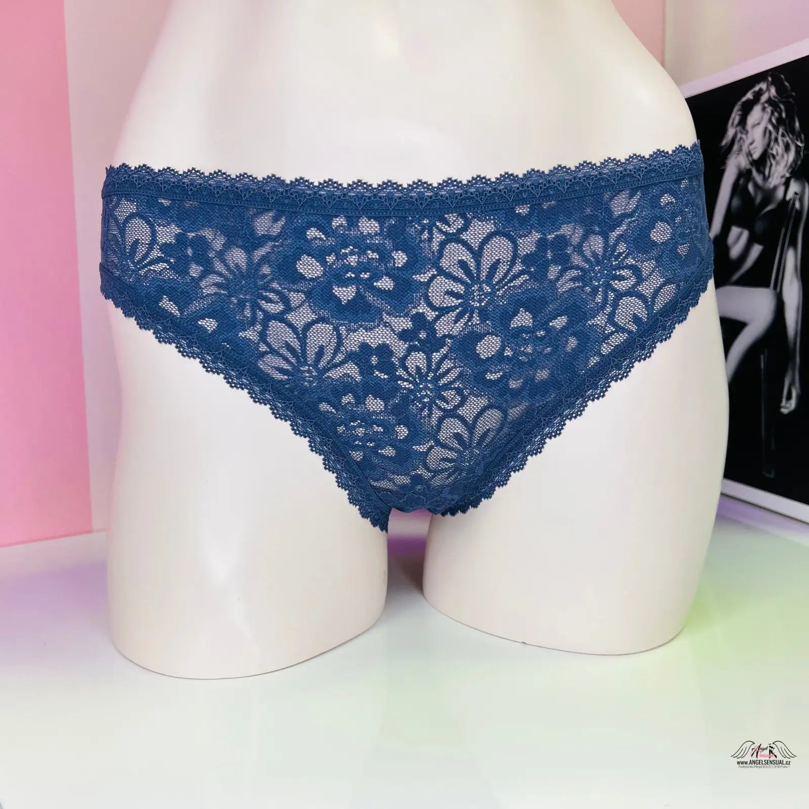 Navy modré krajkové kalhotky s květinovým vzorem, elegantní sexy kalhotky Victoria’s Secret