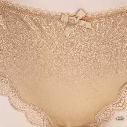 Beige luxusní krajkové kalhotky s lurexem a malým mašličkovým detailem