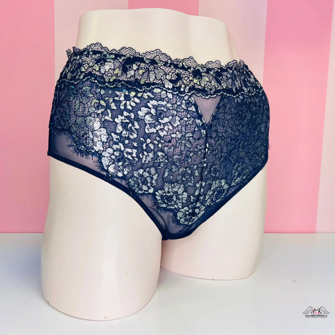 Navy blue krajkové cheeky kalhotky Victoria’s Secret s vysokým pasem a květinovým vzorem
