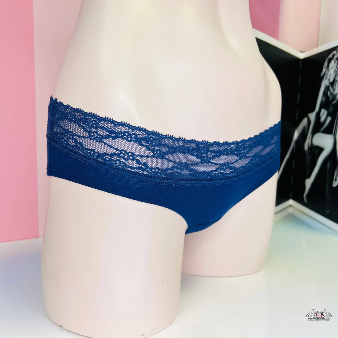 Blue lace-trimmed kalhotky s jemnou krajkou kolem pasu, elegantní kalhotky pro každodenní nošení