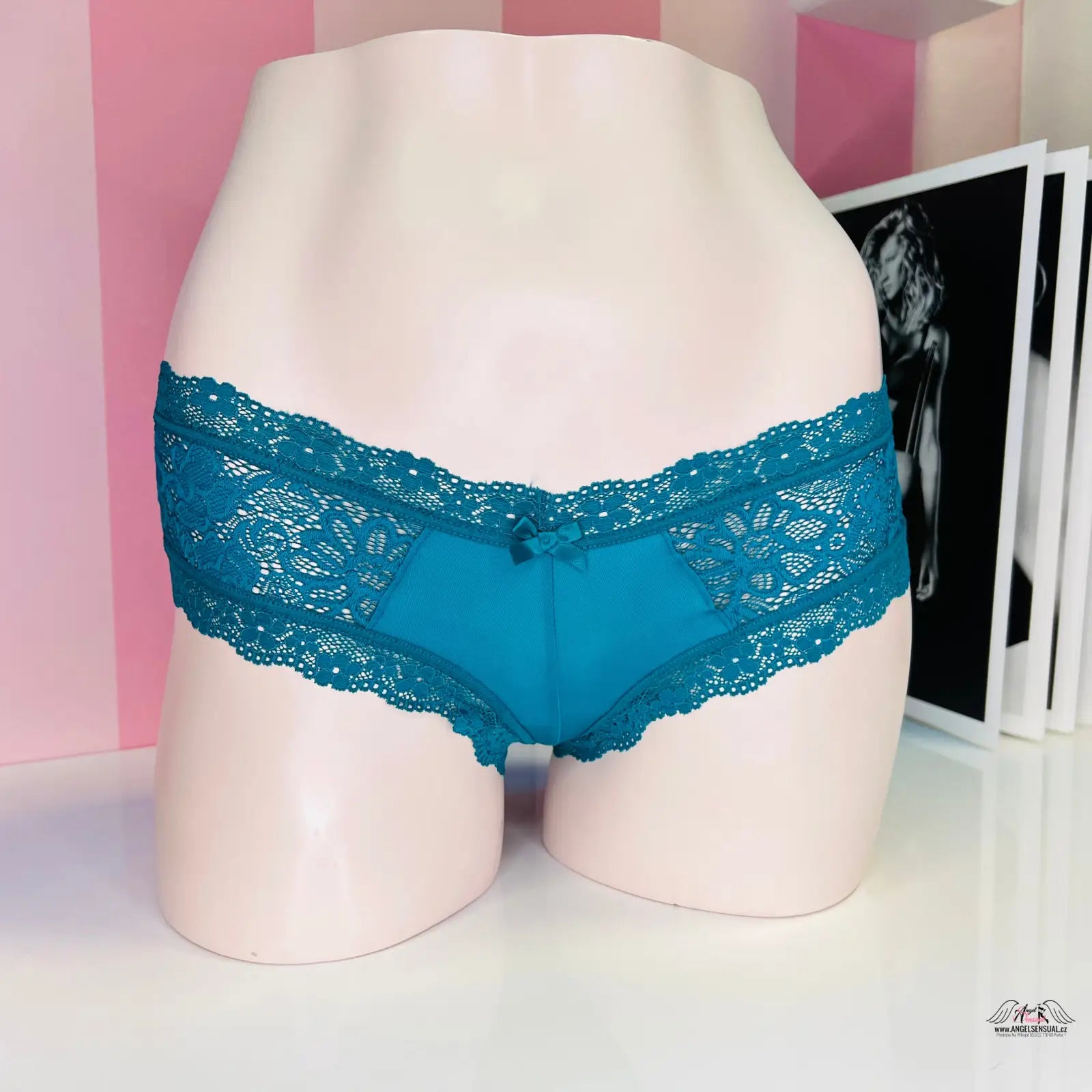 Teal nízce střižené kalhotky Victoria’s Secret s krajkou a mašličkou