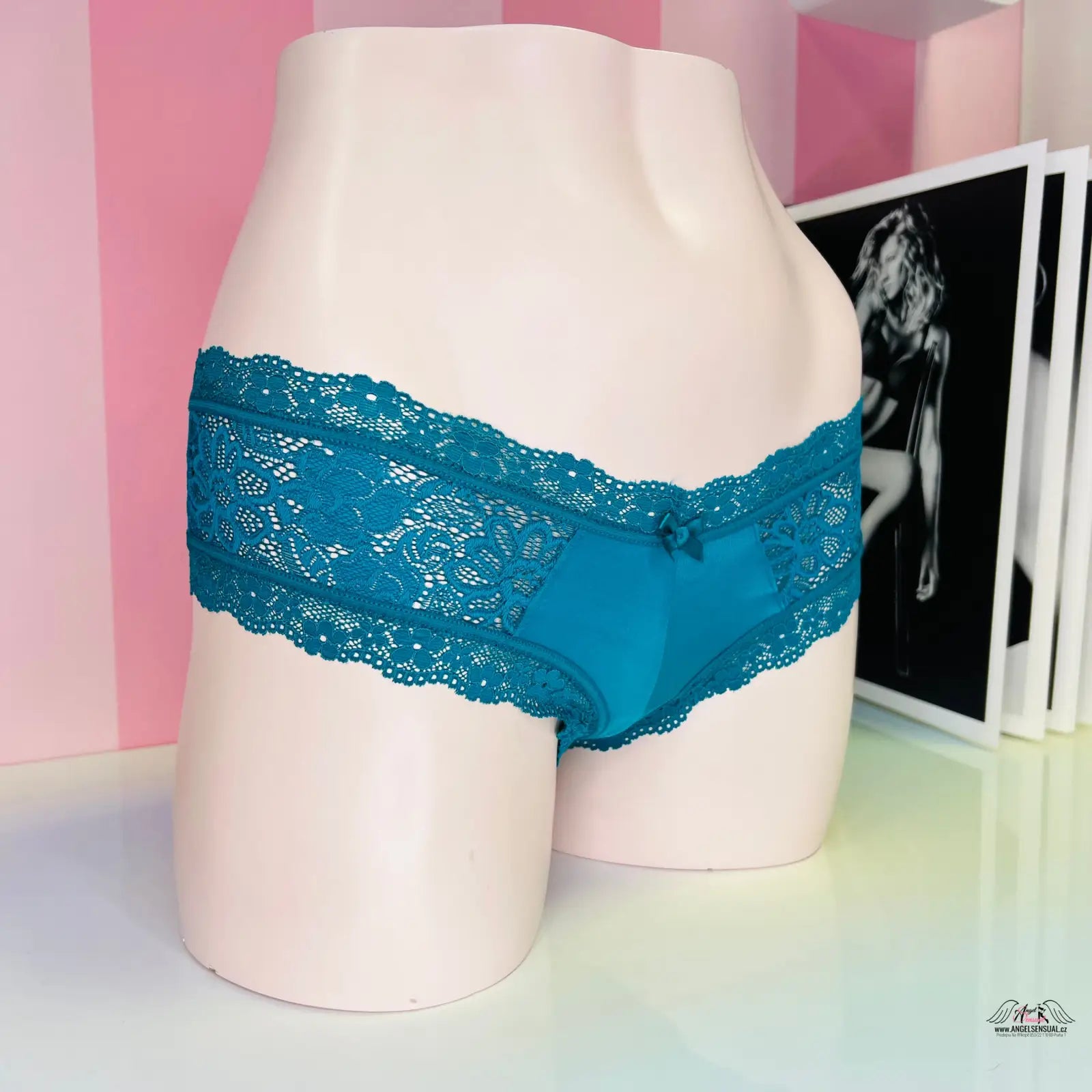 Teal nízce střižené kalhotky Victoria’s Secret s krajkou a mašličkou